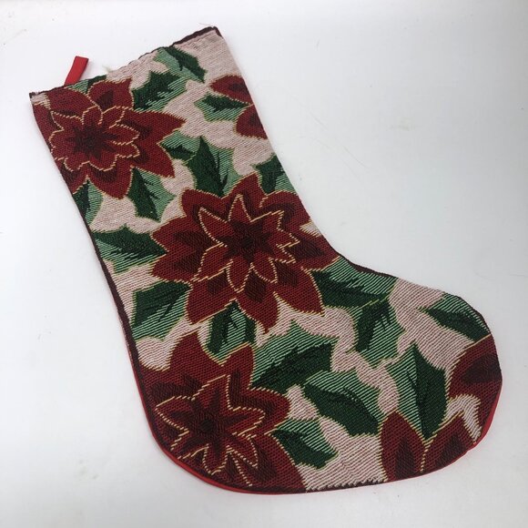 Vintage Tapestry Holiday Poinsettia Stocking 16" Red and Green - Picture 1 of 5
